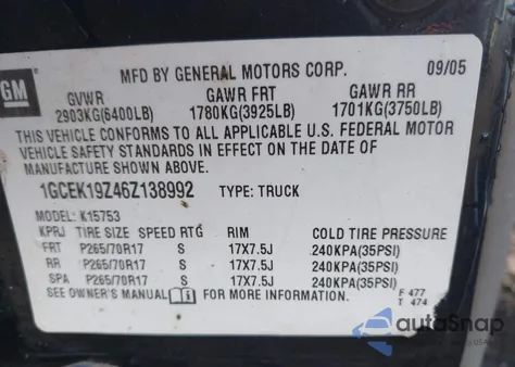 2006 Chevrolet Silverado K1500 from USA, damaged, VIN 1GCEK19Z46Z138992